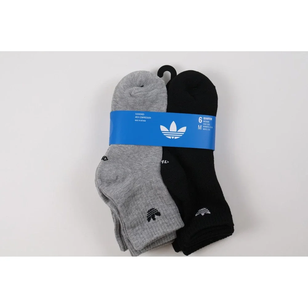 Adidas Socks 6 Pack Quarter Originals Gray Black Medium NWT